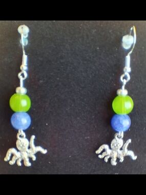 Hand Crafted Pierced Octopus Charm Bead Drop Earrings in Lime Green & Blue